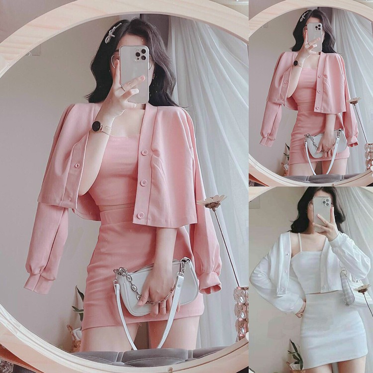 Set Áo Croptop 2 dây Chân Váy Áo khoác tay dài, set trang phục body dạo phố - TM4