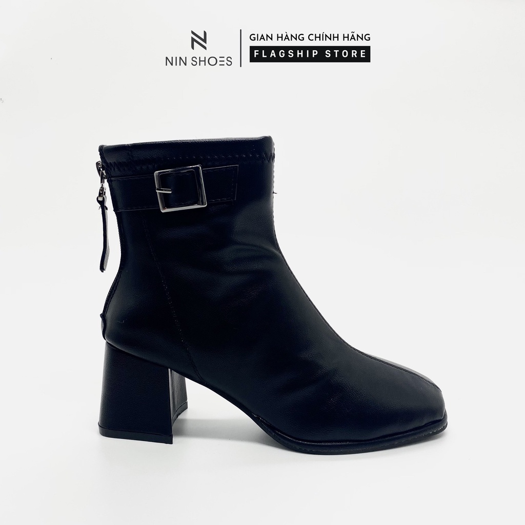 Giày Boot nữ 5p gót vuông khoá hông kéo khoá sau da si Ninshoes | BigBuy360 - bigbuy360.vn