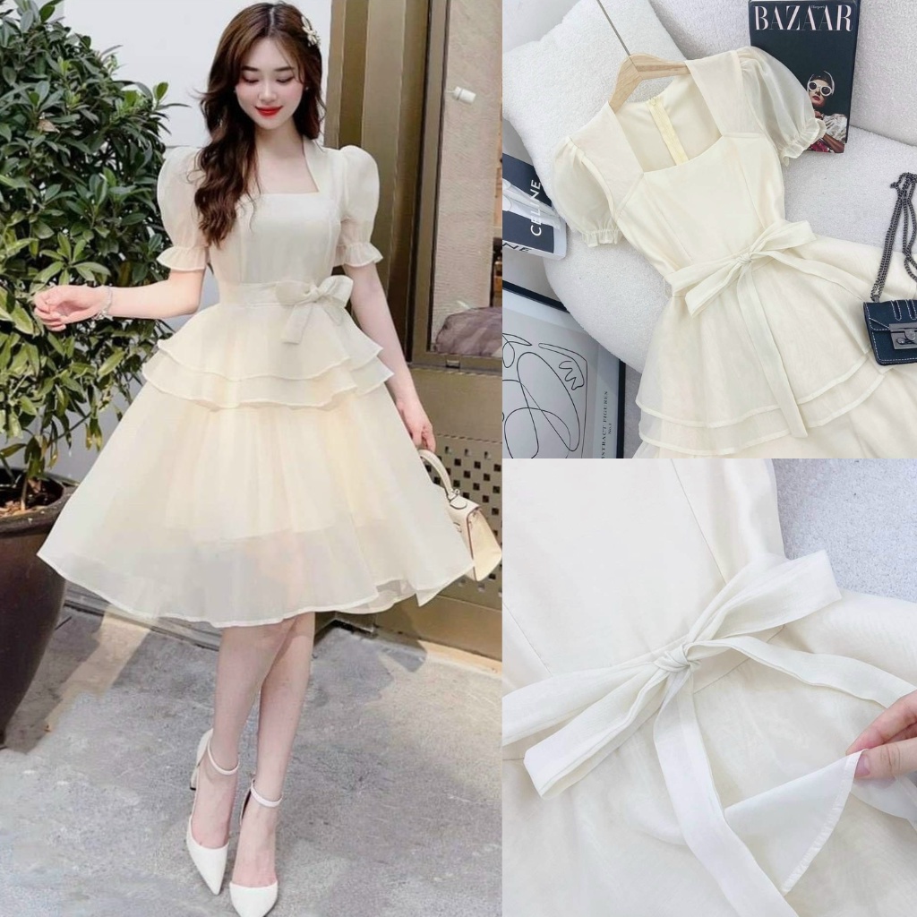 Váy Đầm Nữ Dáng Xòe Phân Tầng Phối Nơ Thiết Kế Cổ Vuông Sang Chảnh Đi Tiệc Đi Chơi Cục Xinh Thời Trang Xm Minh Phúc
