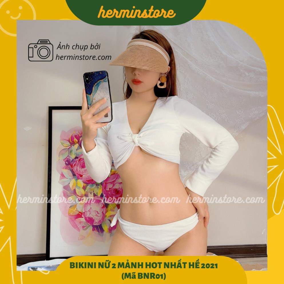 Đồ bơi nữ 2 mảnh màu trắng trơn - bikini dài tay mix quần bơi tam giác cực hot hè 2021 - Mã BNR01 😍