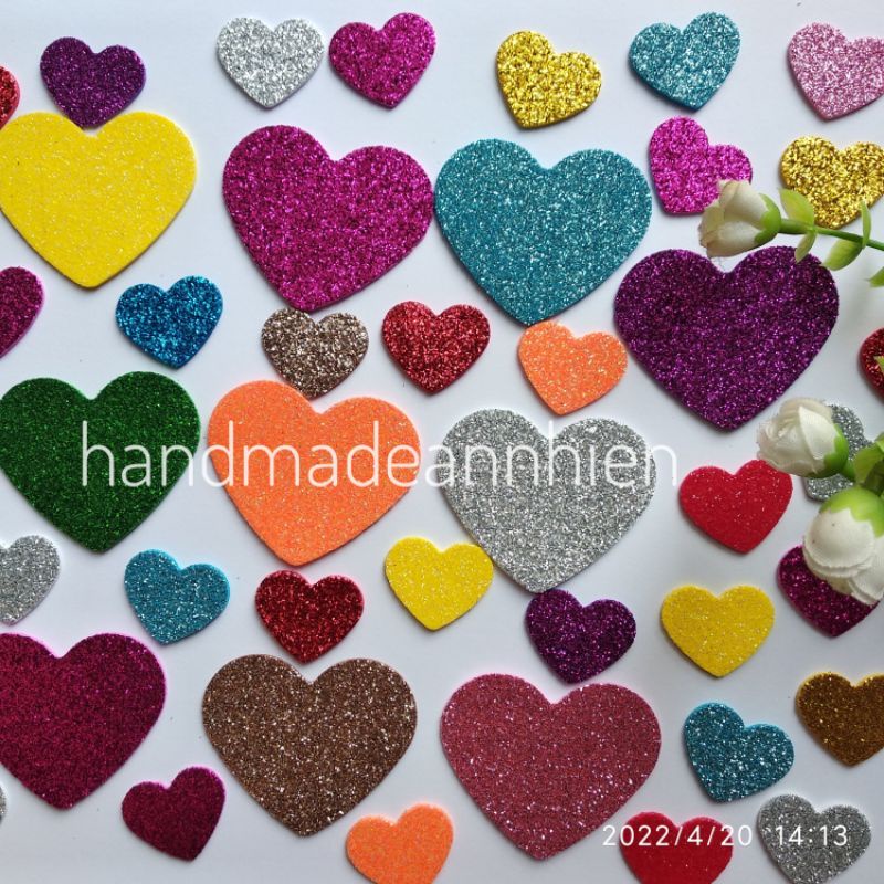 20 - 35- 50 hình trái tim 2.5 x 2cm, 3.5 × 3.2cm, 4.9 X 4.2cm bằng xốp kim tuyến- thủ công mầm non cho bé ...