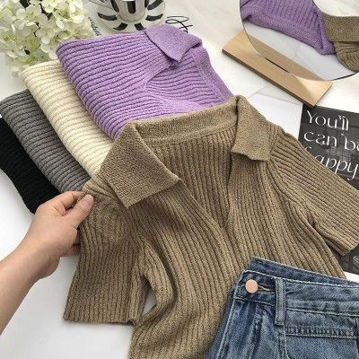 Áo montoghi gân cổ bẻ v cộc tay croptop mới mẻ tôn dáng xinh