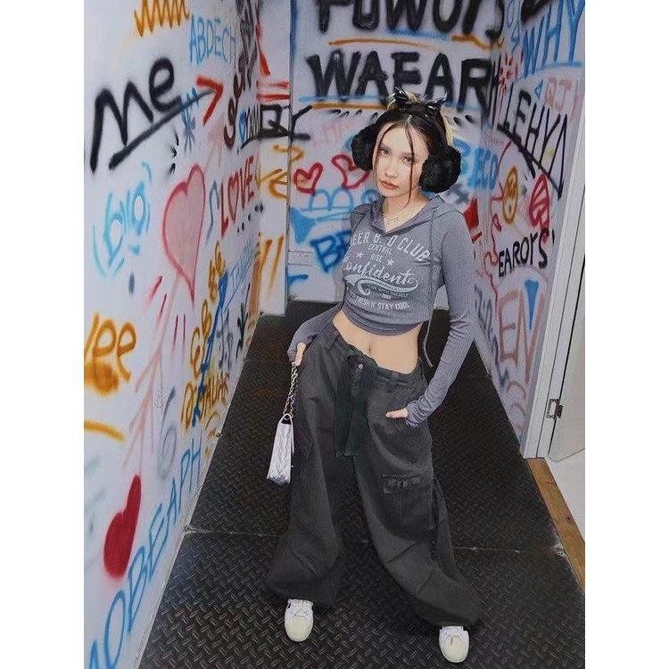 [Wasteland Style] Áo Thun Dệt Kim Có Mũ Trùm Đầu Tay Dài Ôm Dáng Ngắn Phong Cách Retro Mỹ ins Cho Nữ