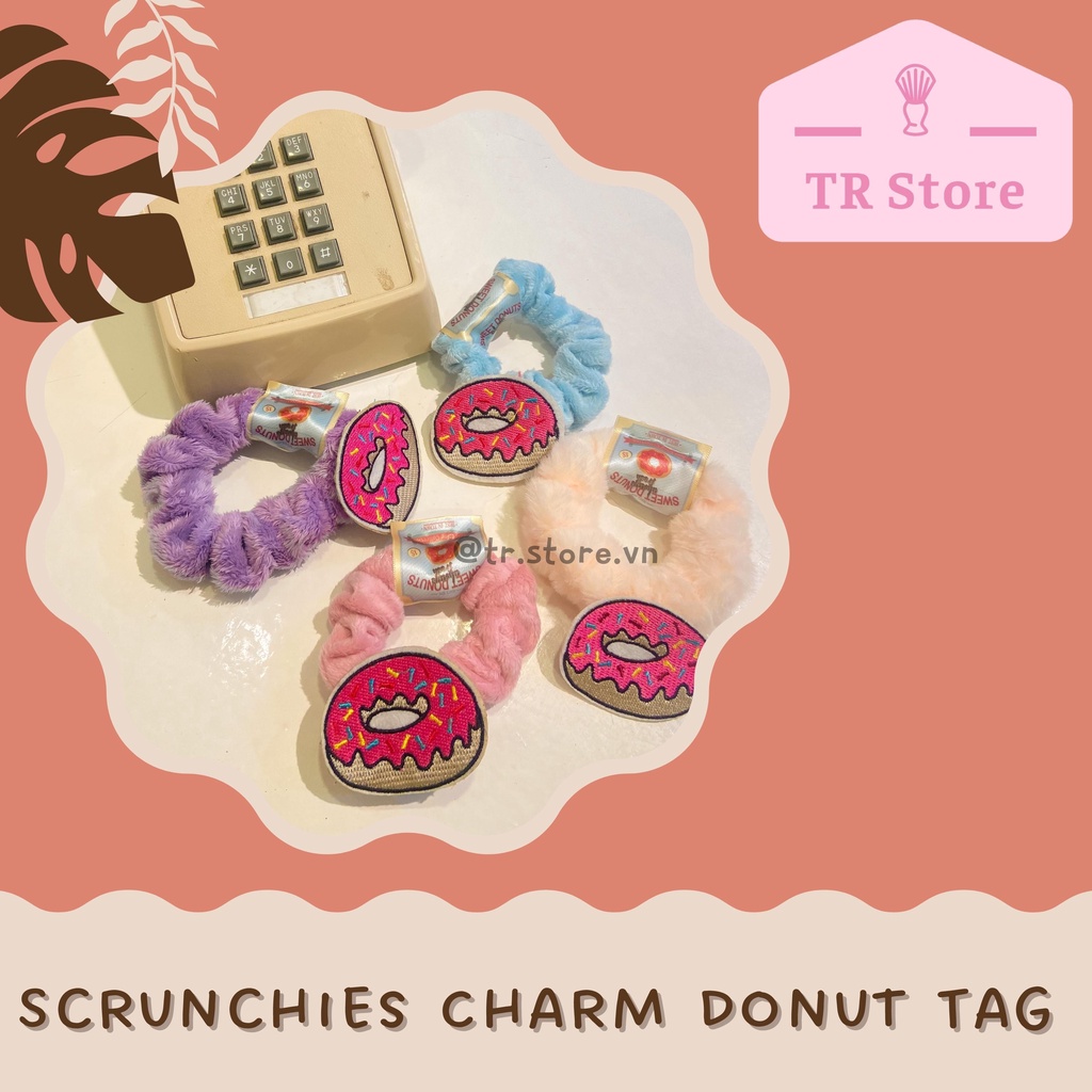Scrunchies nhung tag charm Donut mềm xinh
