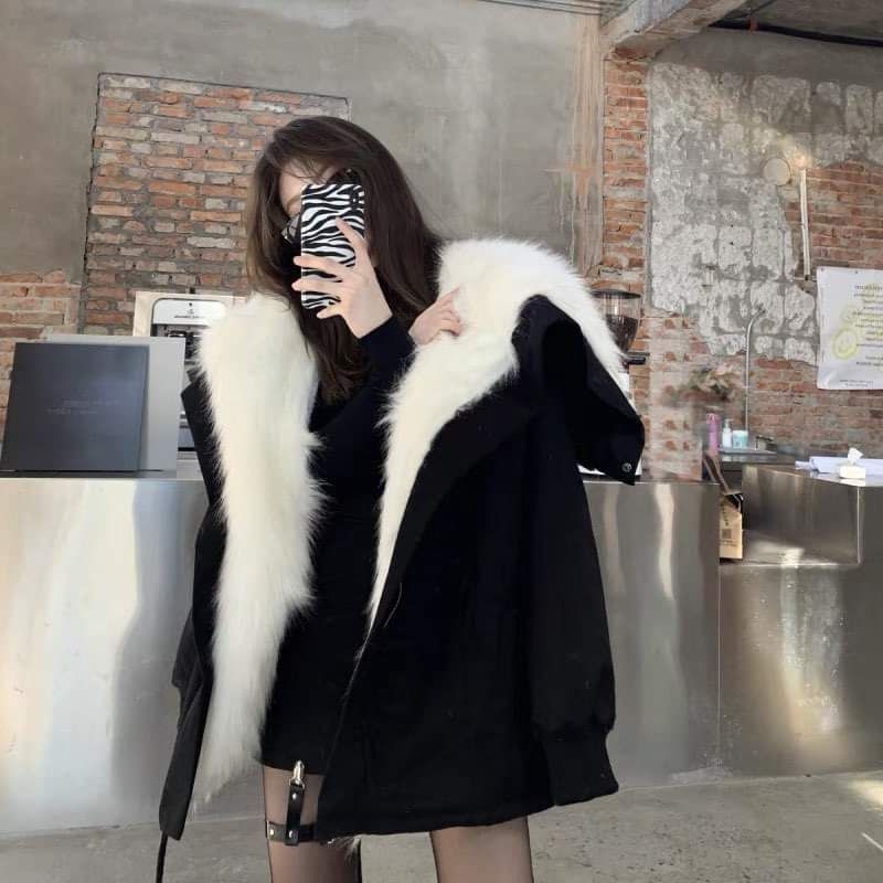Áo khoác có mũ nữ kaki lót lông trắng oversize form rộng dài trùm mông