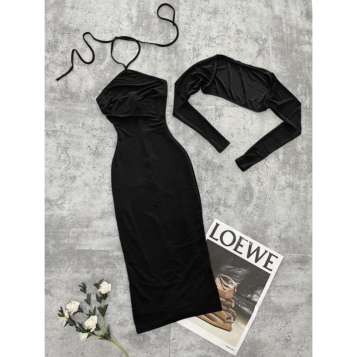 Set Đầm Body Kèm Áo Khoác Yếm Cột