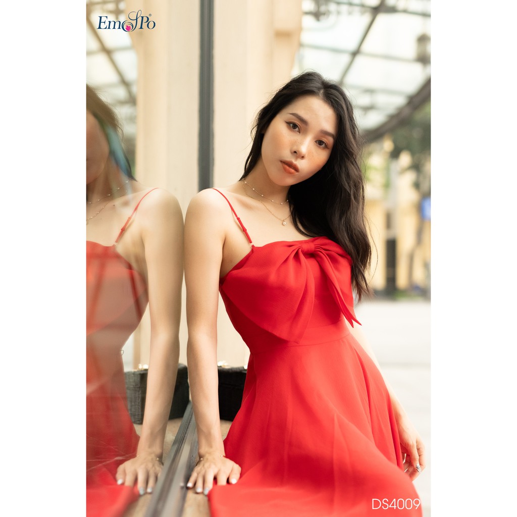 Đầm xòe hai dây, nơ bản to đính ngực Emspo DS4009