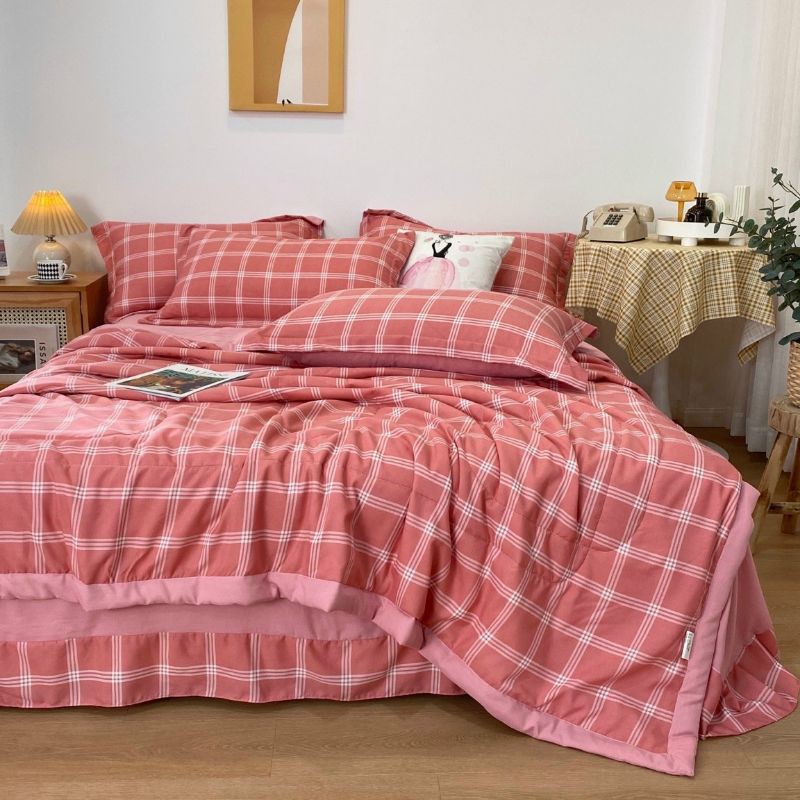 Bộ Chăn Ga Gối Cotton Đũi Kẻ Chăn Trần. Chăn Ga Hè Phong Cách Hàn Quốc