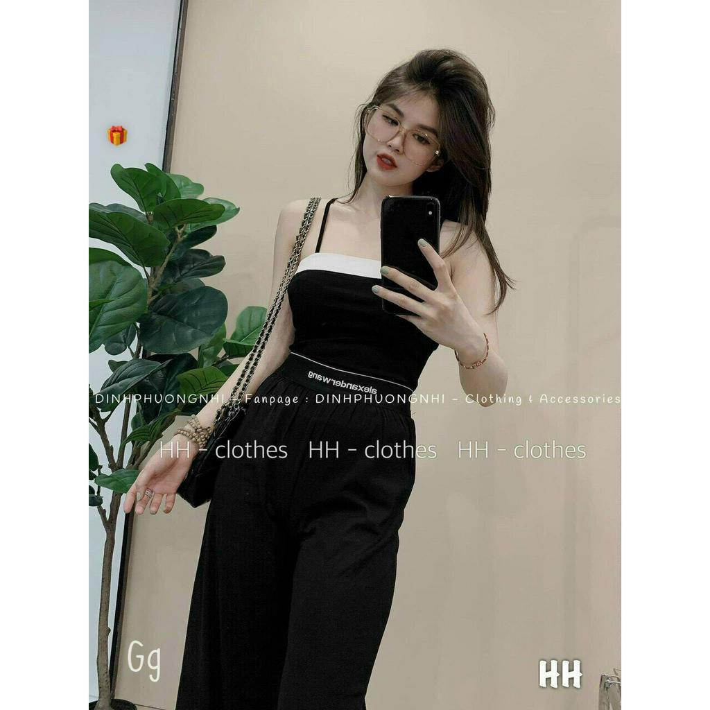 Set bộ mặc nhà đi chơi áo 2 dây croptop mix quần ống loe dáng dài kèm đai in chữ chất thun gân xinh hot