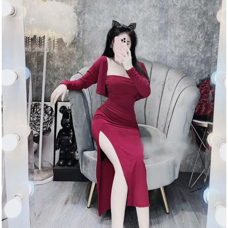 Set 2 Món Đầm Body Kèm Áo Khoác Nhún Eo, Thiết Kế Tôn Dáng Sang Chảnh alohashop91