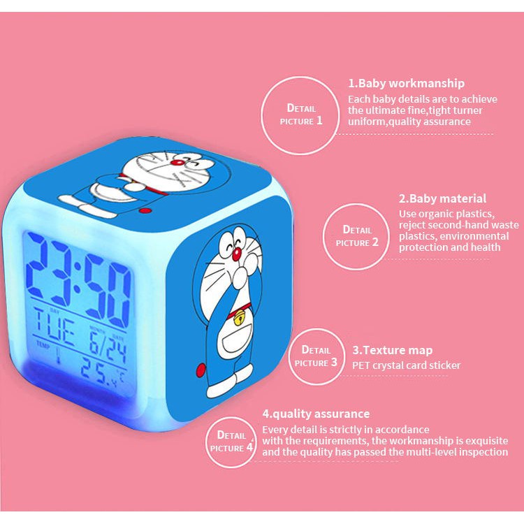 Đồng Hồ Báo Thức Hình Vuông In Hình Doraemon Đáng Yêu Thay Đổi Màu Đồng hồ LED báo thức Doraemon