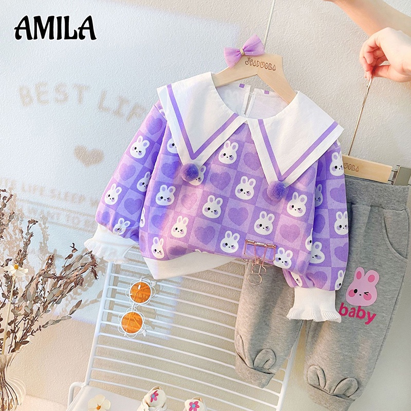 Bộ quần áo AMILA dài tay cổ bẻ lớn thời trang mùa thu Hàn Quốc dành cho bé gái