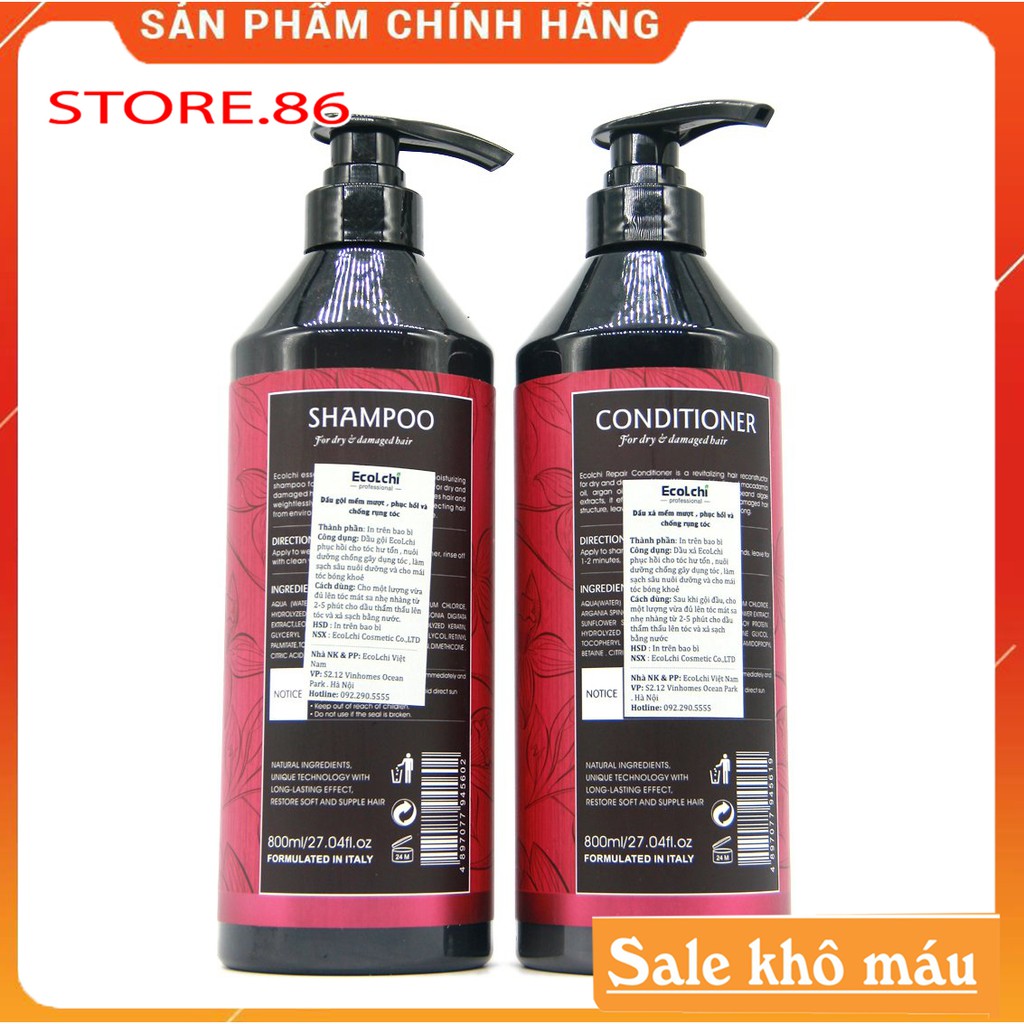 Dầu gội  phục hồi tóc hư tổn tóc khô sơ kiềm dầu sạch gàu, cặp gội xả ECOLCHI COLLAGEN chính hãng 800ml