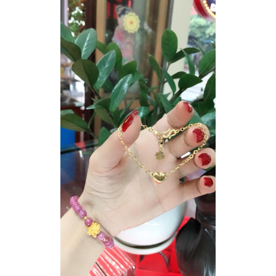 Vòng tay vòng chân tim phồng và cỏ may mắn bạc xi vàng