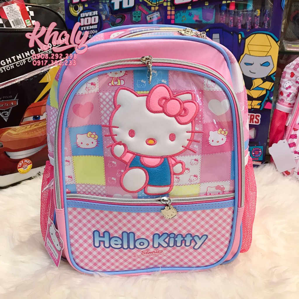 BALO 14'' 3 NGĂN HÌNH HELLO KITTY CARO MÀU HỒNG VIỀN XANH SIÊU CHO TRẺ EM BÉ GÁI SIÊU XINH (THÁI LAN) - 519NKT069PB01