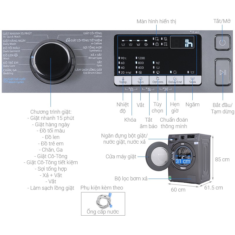 Máy giặt Samsung Inverter 8.5 kg WW85J42G0BX/SV