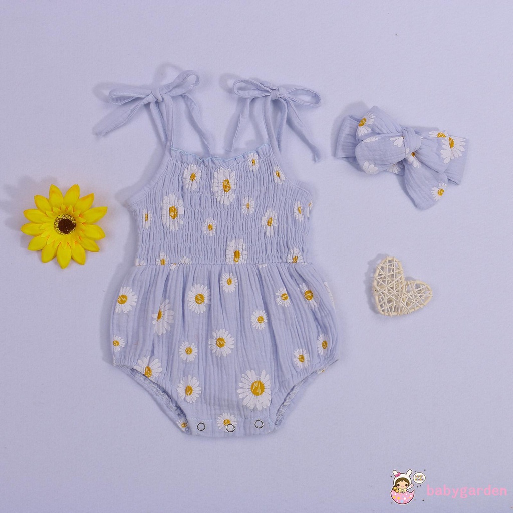 Bộ Áo Liền Quần Hai Dây Cổ Thuyền In Hoa Cúc + Băng Đô Cài Tóc Cho Bé Gái