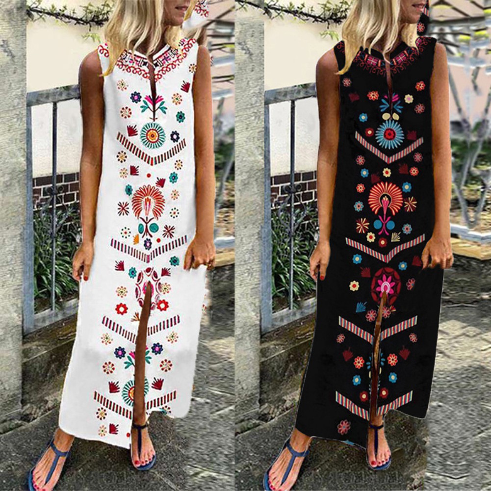 Đầm maxi không tay xẻ tà họa tiết hoa phong cách boho thời trang cho nữ