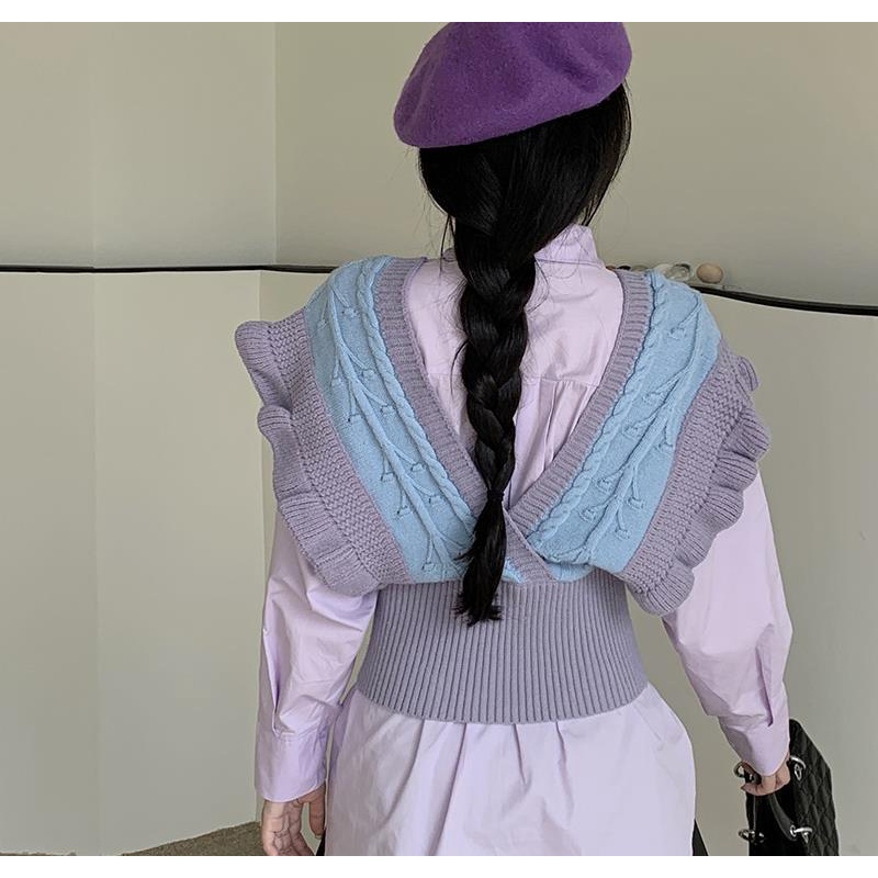 Áo Dệt Kim Sát Nách Cổ Chữ V Màu Tím Phong Cách Vintage Thời Trang Hàn Quốc