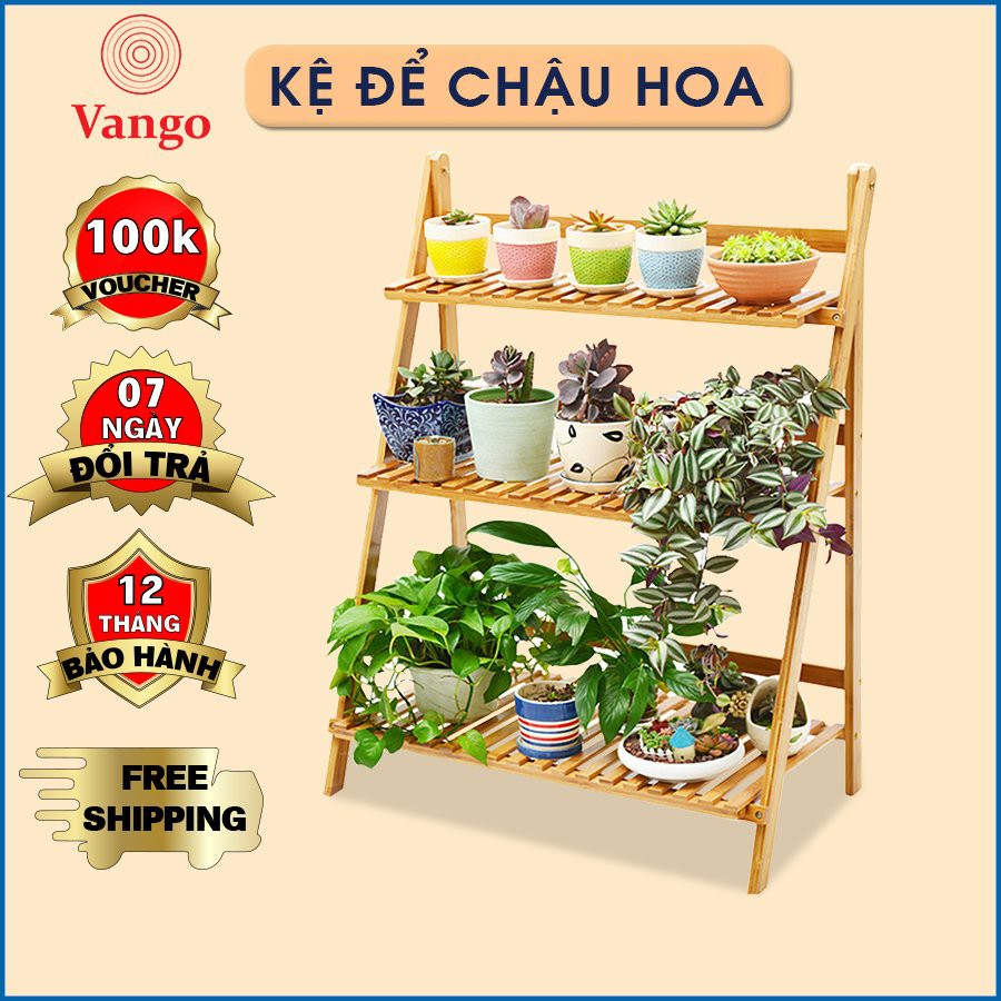 Giá để chậu hoa, cây cảnh bằng gỗ tre tự nhiên Vango, Giá để đồ đa năng, nội thất phòng khách, ban công sang trọng