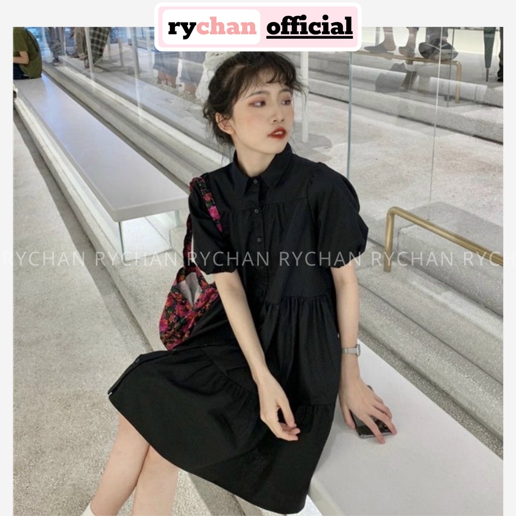 Đầm Babydoll Sơ Mi Nhún Tầng Dễ Thương Ulzzang, Đầm Form Rộng Suông Màu Trắng Đen Cute - DX9954