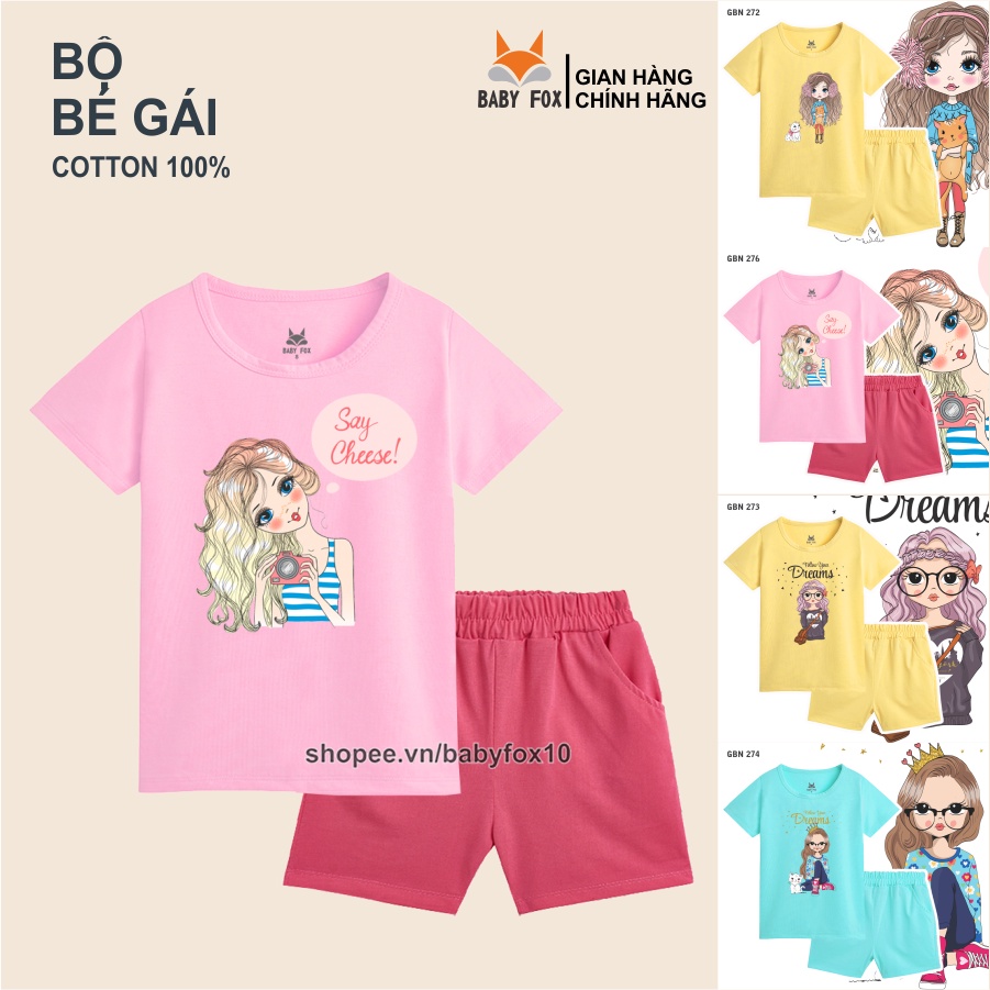 Bộ thun bé gái 100% cotton loại tốt, thương hiệu BABY FOX, in hình bé gái, size nhỏ, trung, đại b