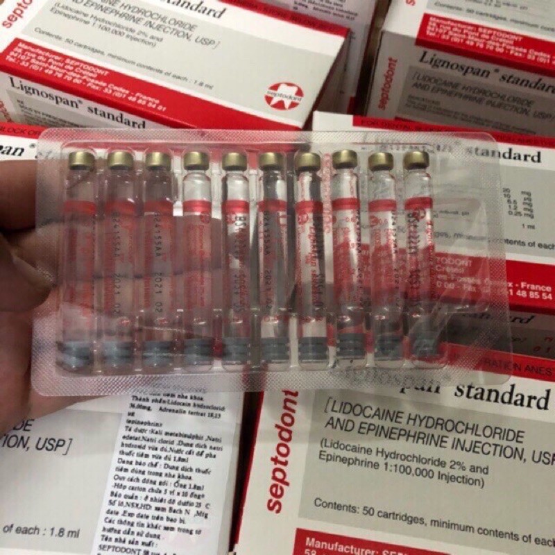 Ống tiêm Pháp Septodont đỏ Lignospan Standard 2% 1 hộp 50 ống