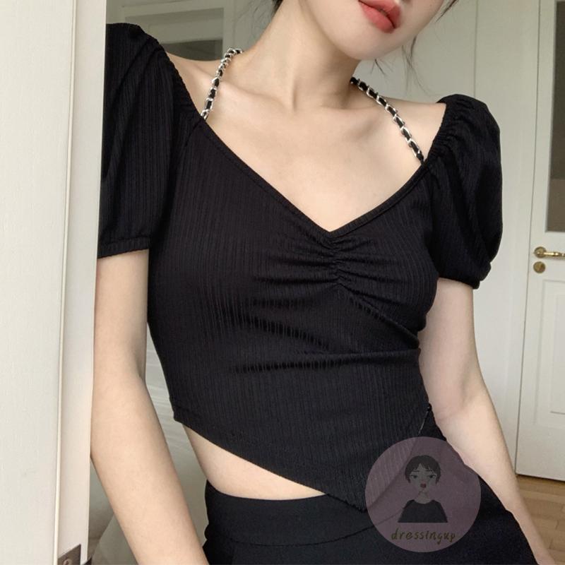 DRE-Women´s Halter T-Shirts, Short Sleeve Solid Color Back Hollow Out Slim Fit T-Shirts