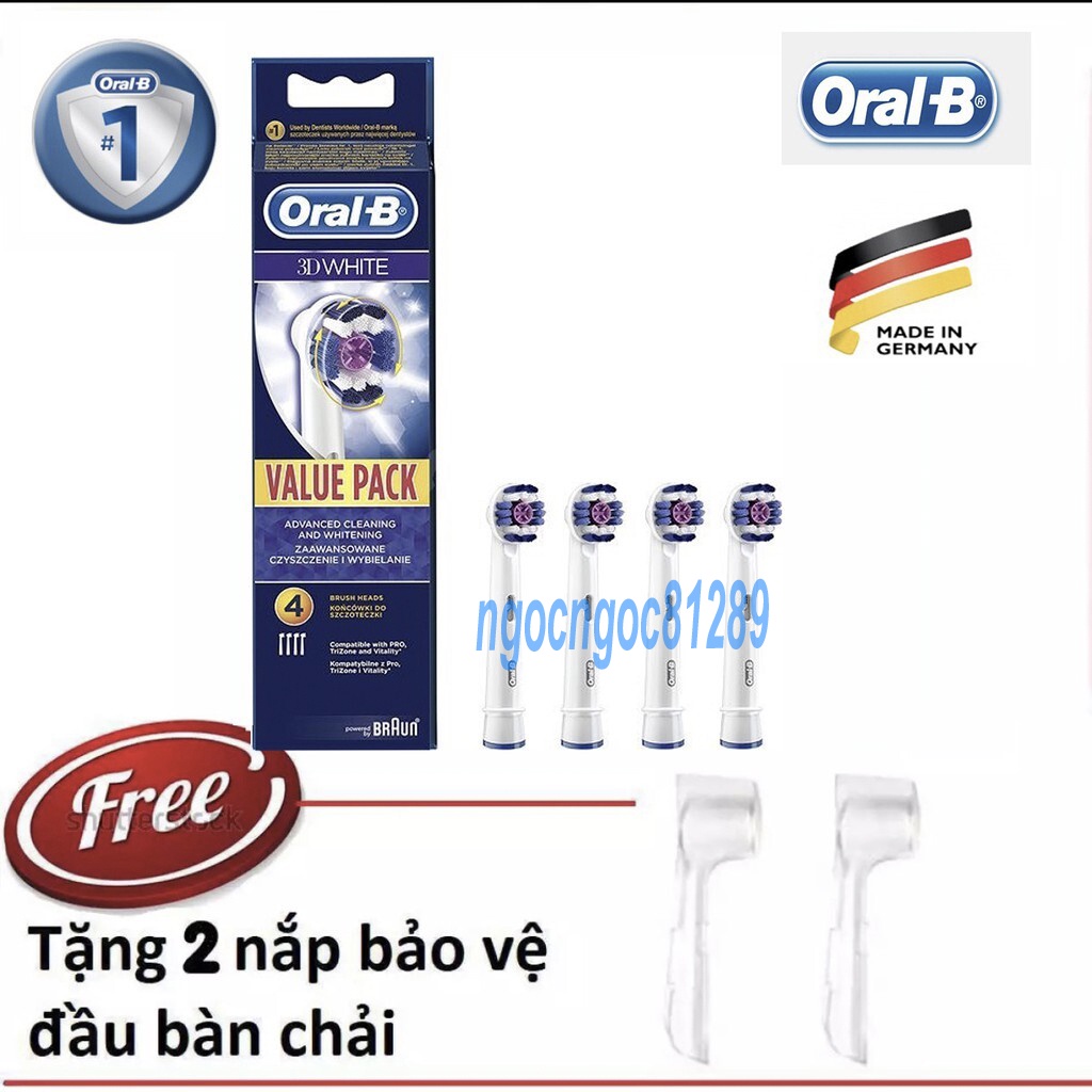 Đầu bàn chải oralb - Bộ 4 đầu Oral-B 3D White làm trắng bóng răng (made in germany) + Tặng 1 nắp bảo vệ đầu chải