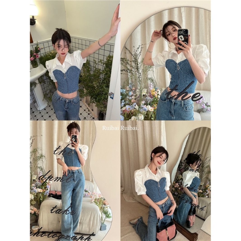 Áo sơ mi COZOKC denim ngắn tay dáng ôm kiểu cổ điển cá tính