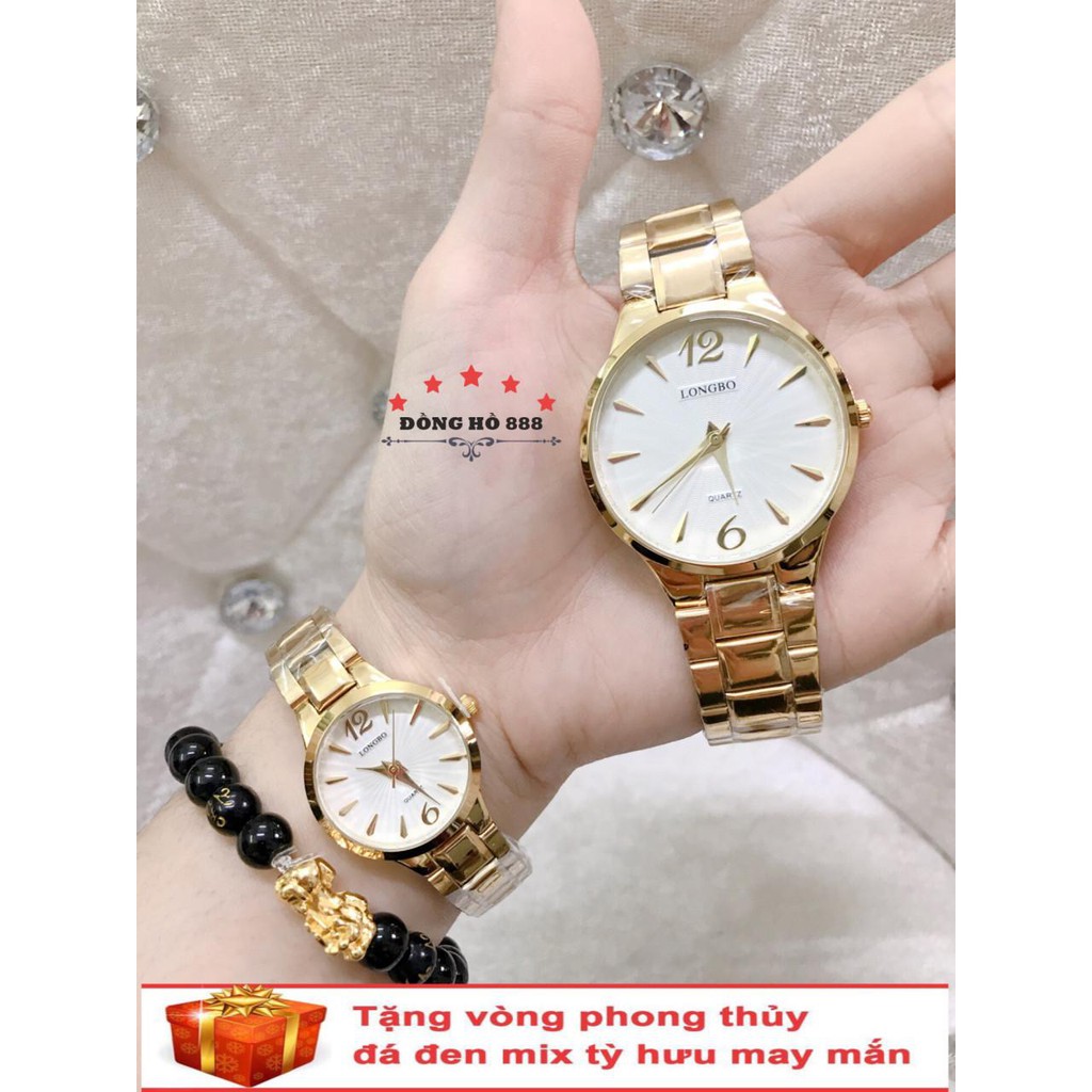 Cặp Đồng hồ đôi nam nữ Longbo dây kim loại thời thượng ( LB80278 dây vàng mặt trắng ) - TẶNG 1 vòng tỳ hưu phong thuỷ