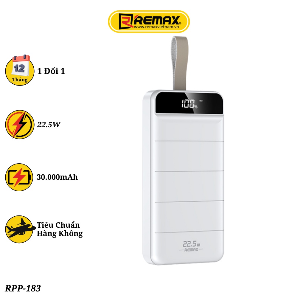 Sạc dự phòng 30000mAh 22.5W Remax RPP-183- Lõi pin Polymer siêu bền chất lượng cao, mỏng nhẹ, chống cháy nổ, an toàn