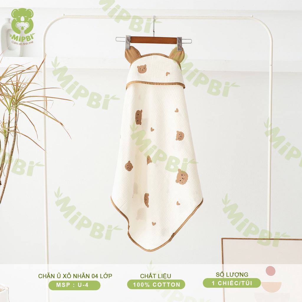 Chăn ủ xô nhăn 4 lớp có mũ, có tai Mipbi 70x70cm