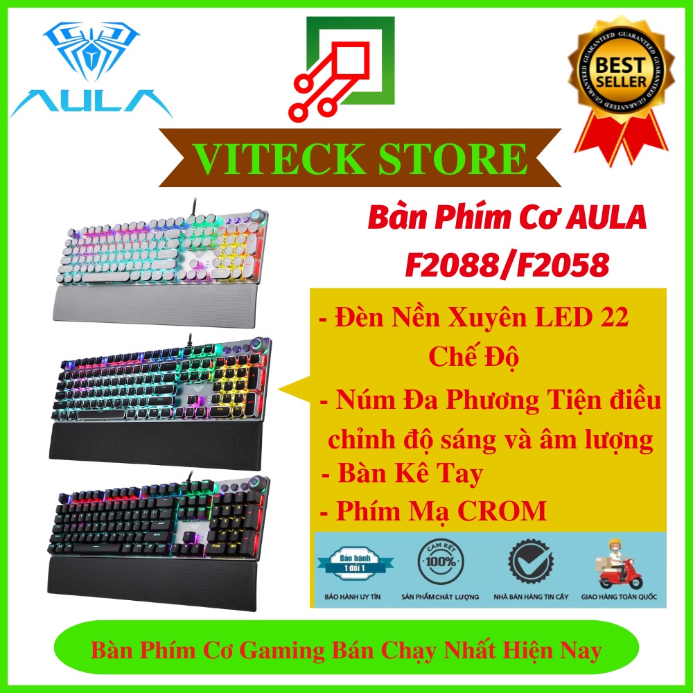 Bàn Phím Cơ Chuyên Game AULA F2058 / F2088 Mạ CROM Chính hãng,Có Núm Đa Phương Tiện,Tì Tay, Lập Trình Marco, Đèn LED Nền