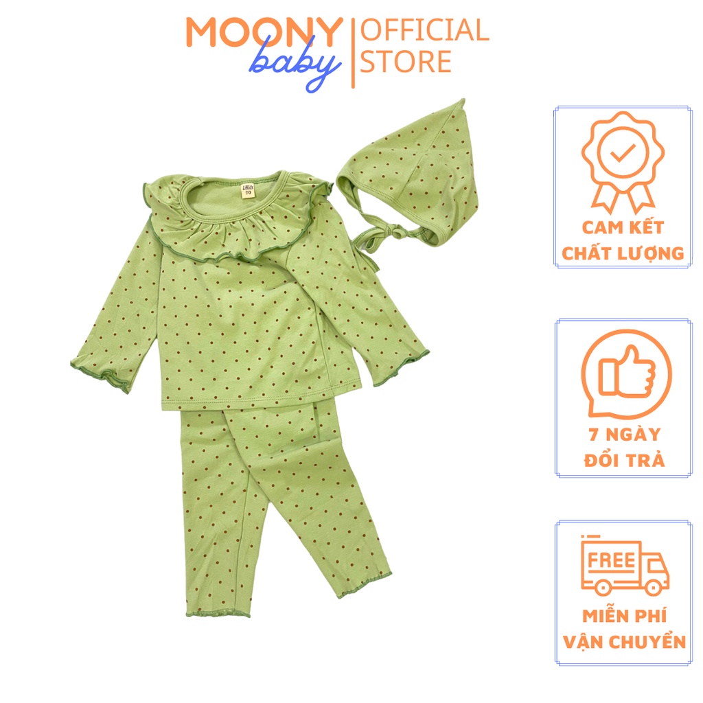 Bộ đồ ngủ cho bé MoonyBabyStore - Bộ quần áo trẻ em cotton dài tay cho bé gái họa tiết chấm bi tặng kèm mũ, size 6-12kg