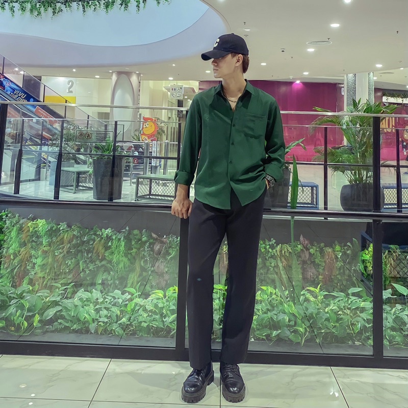 Áo Sơ Mi Tay Dài Unisex Xanh Lá Đậm Tối Hot Trend Street Style Mr Smile 99 Shop