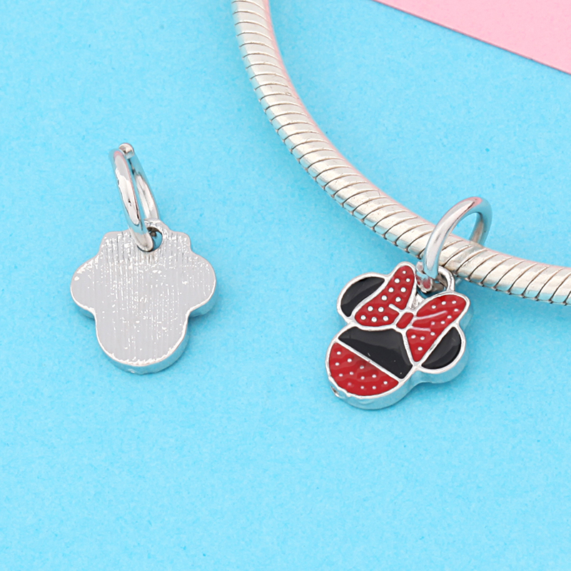 Mặt dây chuyền hình chuột Minnie bằng kim loại tráng men màu đỏ đen dùng làm trang sức DIY