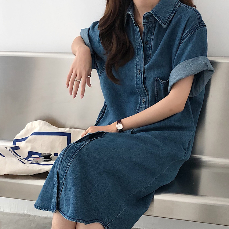 Đầm Sơ Mi Denim Tay Ngắn Cổ Cao Phong Cách Retro 36006 Dành Cho Nữ