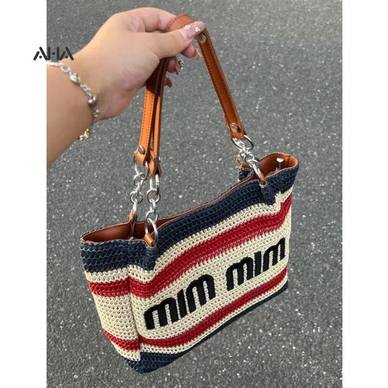 Niche Túi Xách Tote Dệt Rơm Dệt Một Quai Xích Sức Chứa Lớn Phong Cách Phương Tây Cho Nữ