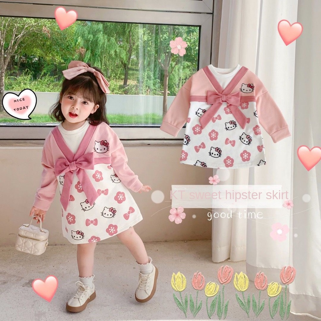 Đầm Sweater Tay Dài In Hoạt Hình Mèo Thời Trang Mùa Thu 2022 Cho Bé Gái