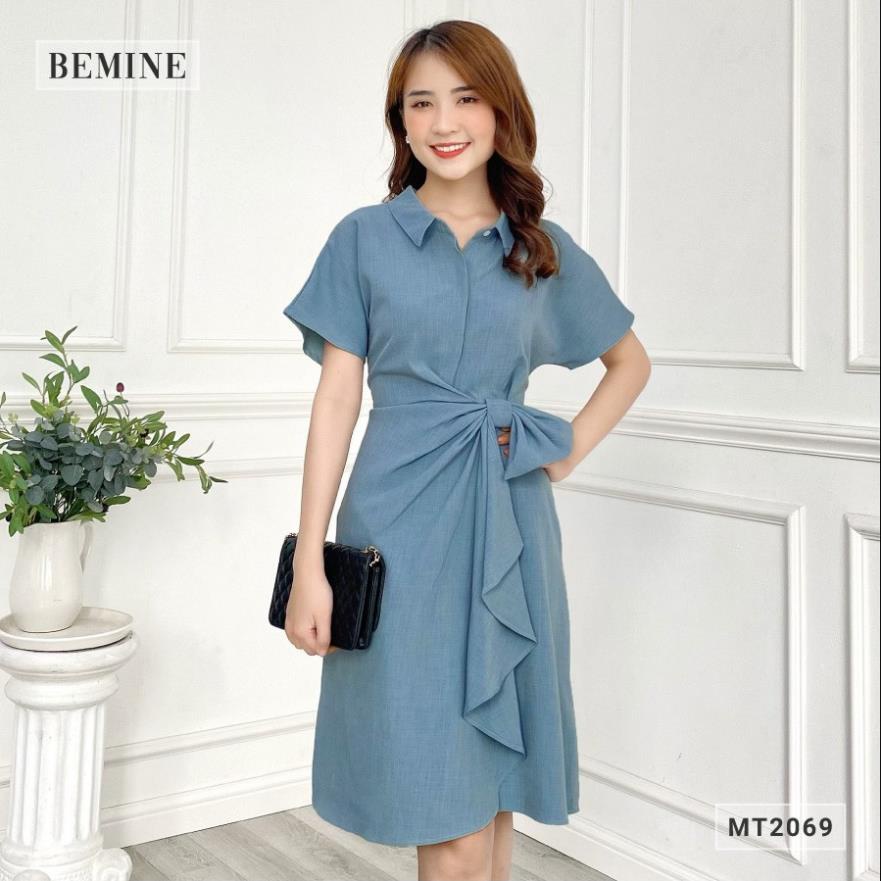 Đầm dáng xòe nữ thiết kế cổ sơ mi nhún eo đính nơ kiểu dáng thanh lịch BEMINE MT2069XANH M_*6