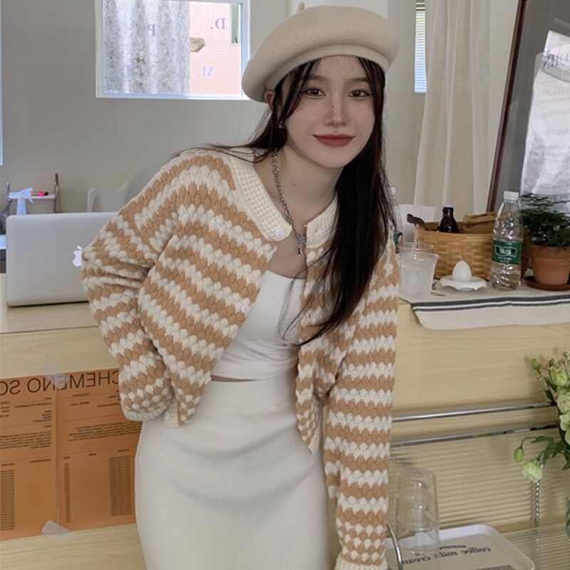 Áo Khoác Dệt Kim Nữ Dài Tay Kẻ Sọc Kiểu Hàn Quốc Có 3 Màu