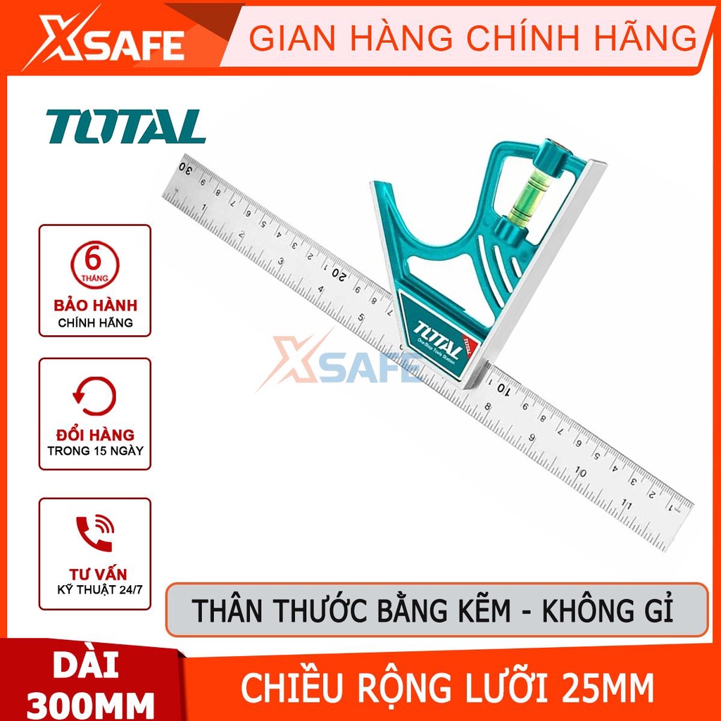 Thước eke vuông đo góc kèm thước thủy TOTAL TMT653005 300mm kẽm công nghiệp không gỉ, nút khóa từ tính điều chỉnh