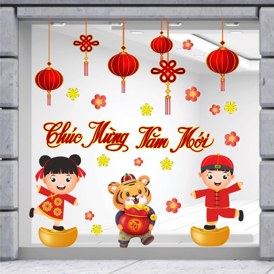 Decal Trang Trí Tết Bé Múa Lân Và Thần Tài Đón Tết - Decal tết cao cấp không viền trắng có sẵn keo sẵn [Hỗ trợ xuất VAT] | BigBuy360 - bigbuy360.vn