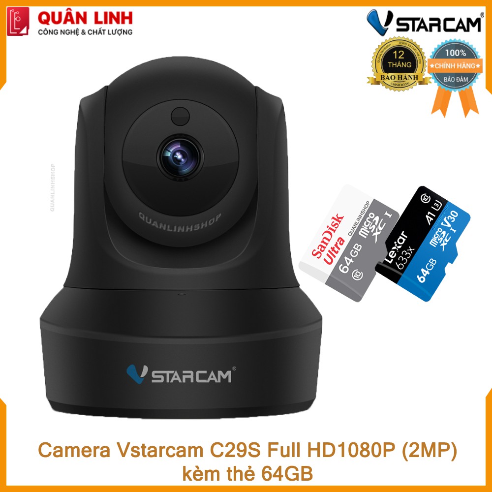 Camera IP Wifi hồng ngoại Vstarcam C29s Full HD 1080P 2MP màu đen kèm thẻ 64GB Class 10