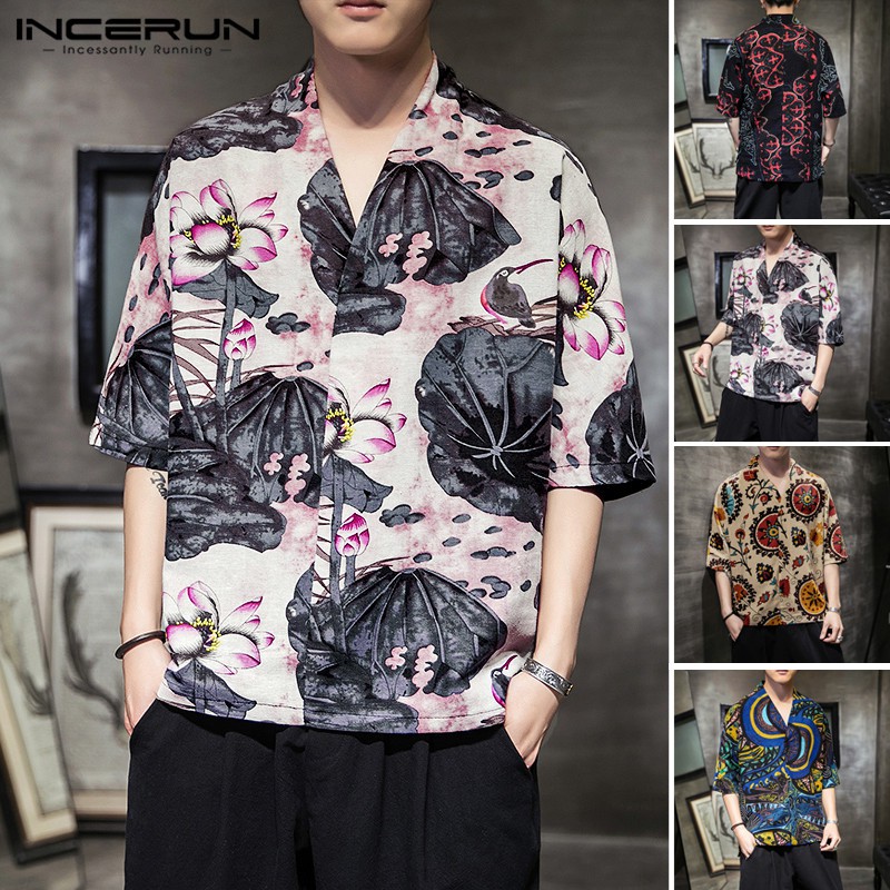 INCERUN Áo tay lỡ 3/4 in họa tiết phong cách cổ điển cho nam | BigBuy360 - bigbuy360.vn