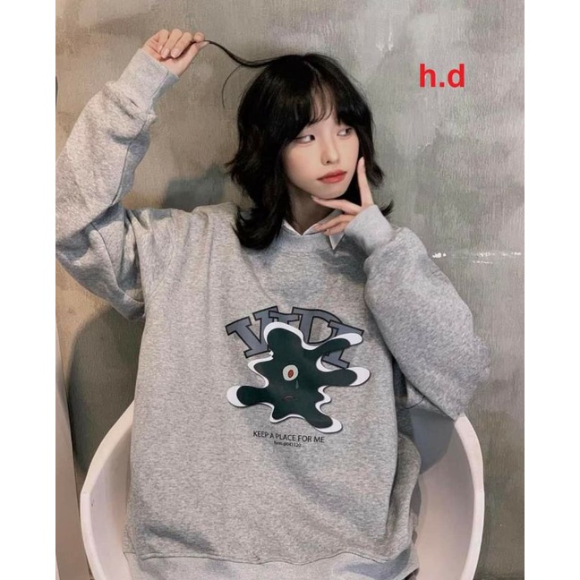 Áo Nỉ Zip Dài Tay Keep; Quả cầu in lưngSweater cổ tròn dài tay bồng, thun hoodie form rộng Ulzzang