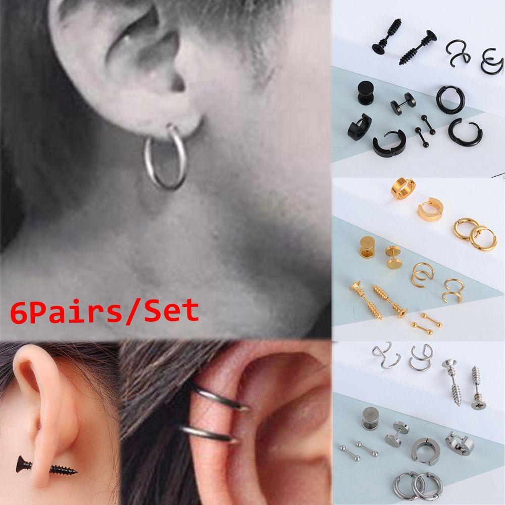 Set 6 Đôi Khuyên Tai Dạng Tạ Bằng Thép Không Gỉ Màu Đen Phong Cách Gothic
