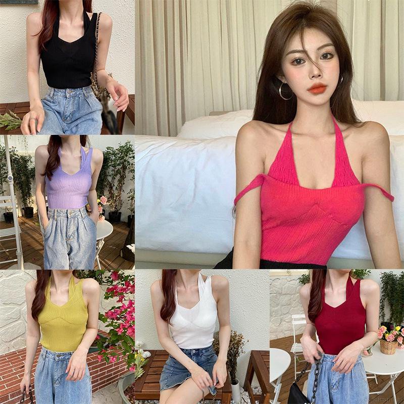 Áo Tank Top Dệt Kim Hai Dây Màu Trơn Dáng Ôm Gợi Cảm Cho Nữ