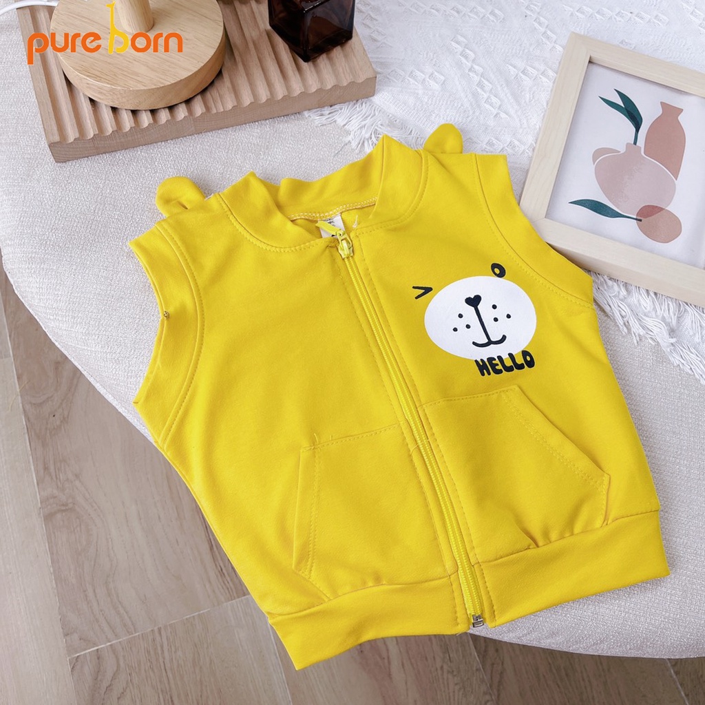 Áo gile bé trai bé gái chất nỉ da cá hoạ tiết tai gấu dễ thương Pure Born  áo khoác gile cho bé 1 - 5 Tuổi T38